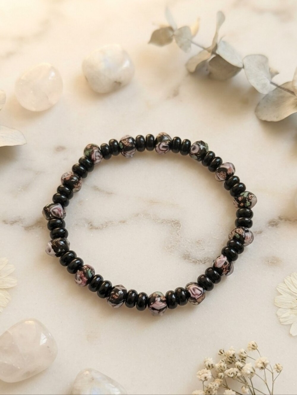 Onyx Bracelet With Floral Accents